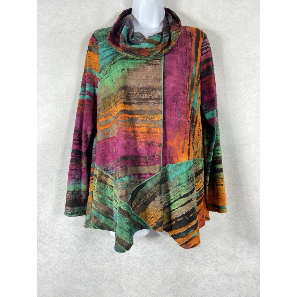 Ali Miles Top Womens Small Orange Pink Long Sleeve Cowl Neck Art Patchwork